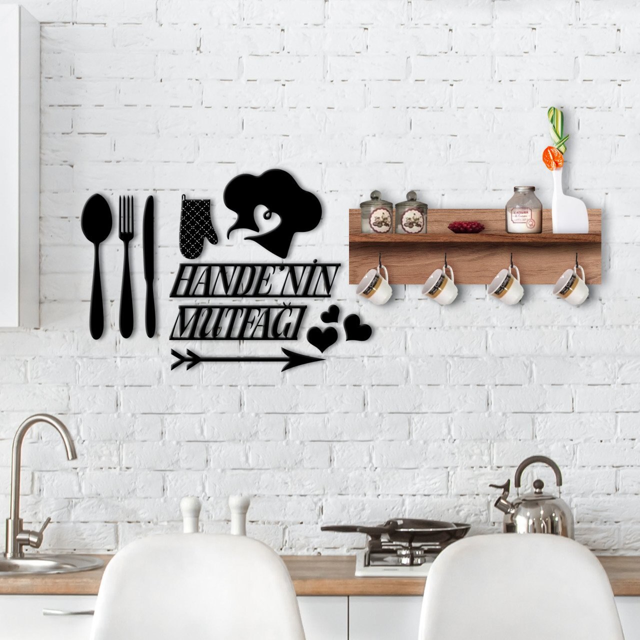 BK Home Natural Wood Shelves Decorative Cup Hanger and İsme Custom Kitchen Wall Decoration