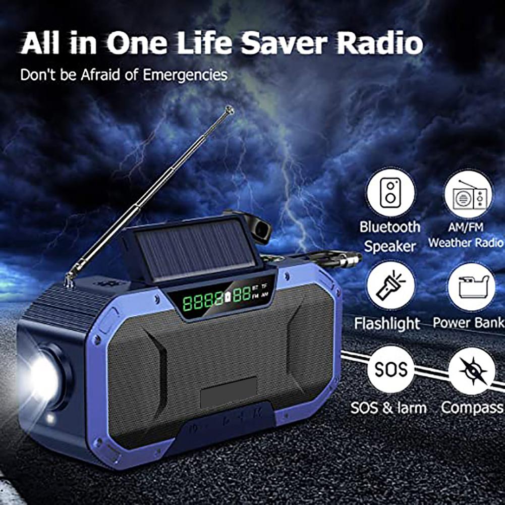 Portable Bluetooth Speaker Hand Crank Solar Radio AM/FM Emergency Radio LED Power Display Flashlight IPX5 Waterproof Power Bank