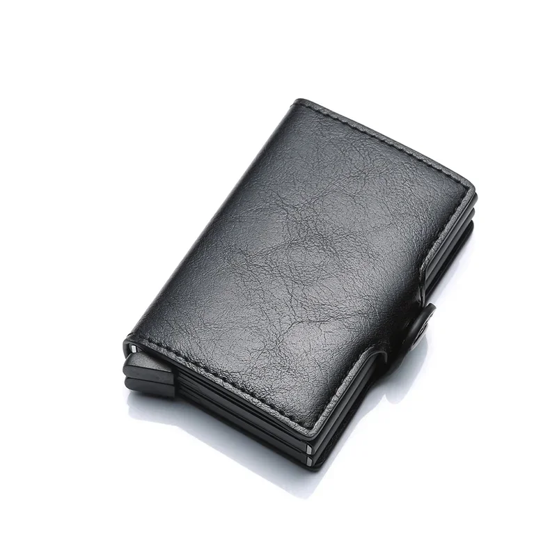 Tarjetero antirrobo para hombre, tarjetero con bloqueo Rfid doble, caja de aluminio de seguridad de cuero, monedero de Metal, tarjetero