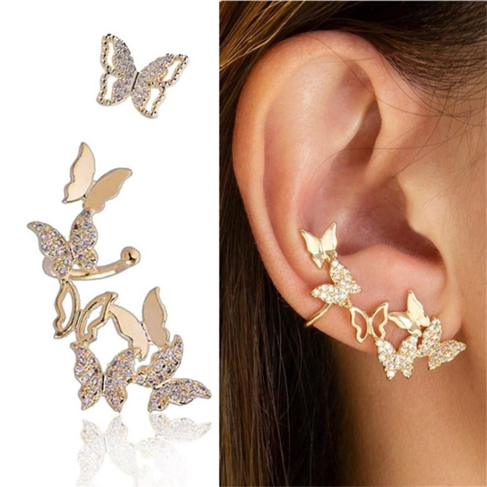 1 Paar Volledige Boor Asymmetrische Vlinder Oorbellen Hollow Golden Ferry Vlinder Crystal Ear Bone Clip Voor Vrouwen Sieraden