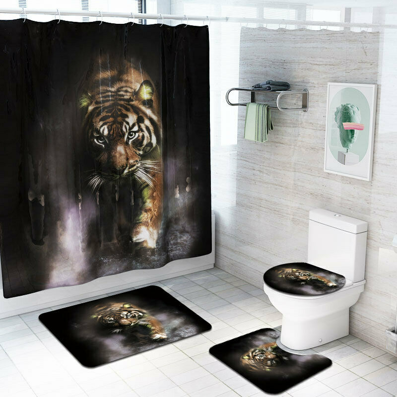 Jul 4 stk/sett baderom moon wolf sklisikker pidestall toalettlokk setetrekk badematte pidestallteppe polyester dusjforheng