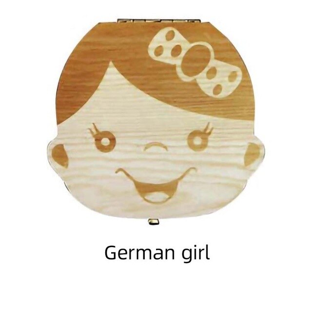 Wooden Baby Tooth Box Spanish/English/Dutch/Russian/French /Italian Wooden Milk Teeth Organizer Storage Boys Girls Baby Souvenir: German girl