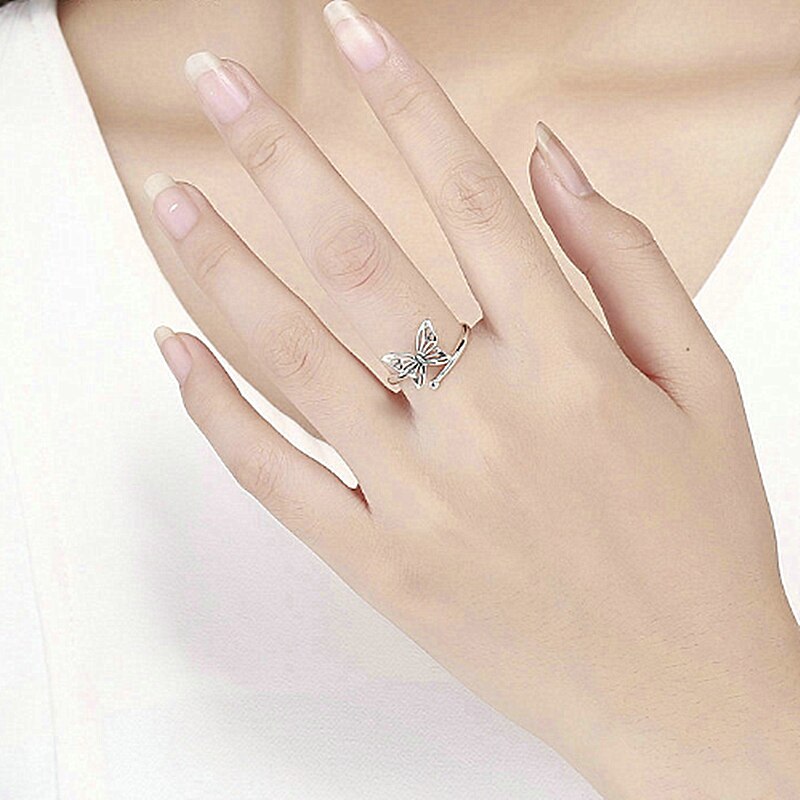Authentic 925 Sterling Silver Vintage Butterfly Adjustable Finger Rings for Women Wedding Engagement Ring Jewelry SCR448