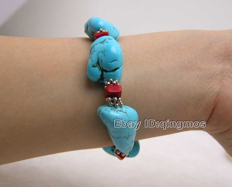 Qingmos 15-20Mm Barokke Natuurlijke Blauw Turquoise Armband Voor Vrouwen Met Echt Steen En Rode Koraal Armband 7.5 "Sieraden Bra102