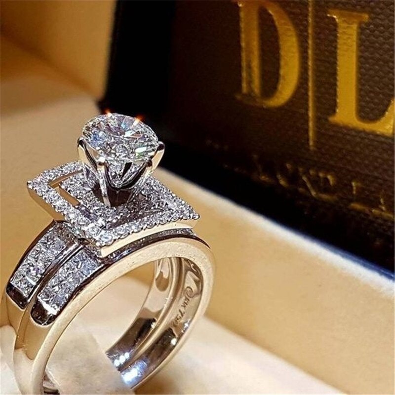 2 TEILE/SATZ Milangirl Nette Kristall Weiß Runde Ring einstellen Für Frauen Luxus Engagement Ring Jahrgang Braut Hochzeit Schmuck: 7