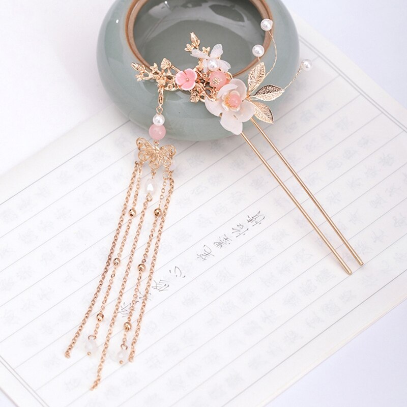 Women Chinese Hanfu Dress Jewelry Sets Tassel Floral Hairpins Earrings Hair Fork AXYD