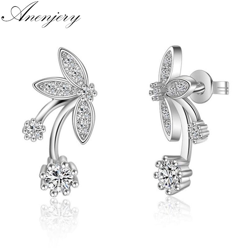 Anenjery Silber Farbe Zirkon Schmetterling Blume Blätter Zucht Ohrringe pendientes ohrringe boucle d'oreille S-E346