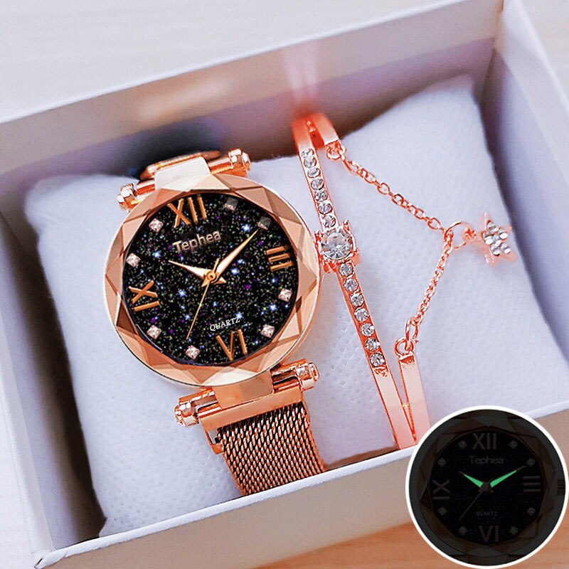 Vrouwen Magnetische Horloge Set Met Armband Box Sterrenhemel Dames Horloges Relogio Feminino Reloj Mujer Horloge Rose Goud voor