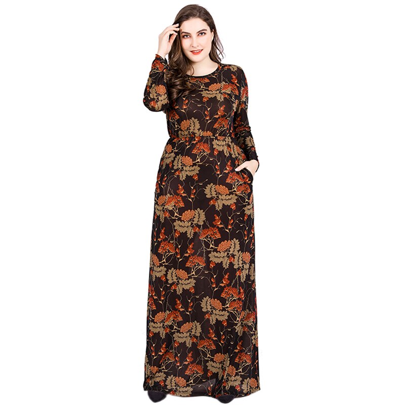 6xl plus size lange kjoler med lange ærmer kvinder sommer retro blomsterprint vintage kjole lommer gulv længde festkjole: Xxl