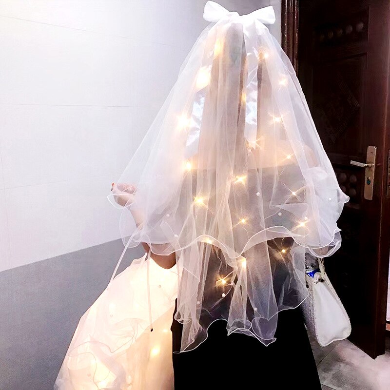 LED Flower Tulle Veil Headband Light Wreath Crown Women Girl Glow Party First Communion Wedding Luminous Festival Costume: Warm light 1