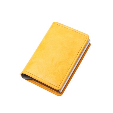 Anti-rfid visitekaartjeshouder rood/zwart/geel/bruin/blauw pu leer + legering creditcardhouder hoesje kaarten komen automatisch omhoog: Geel