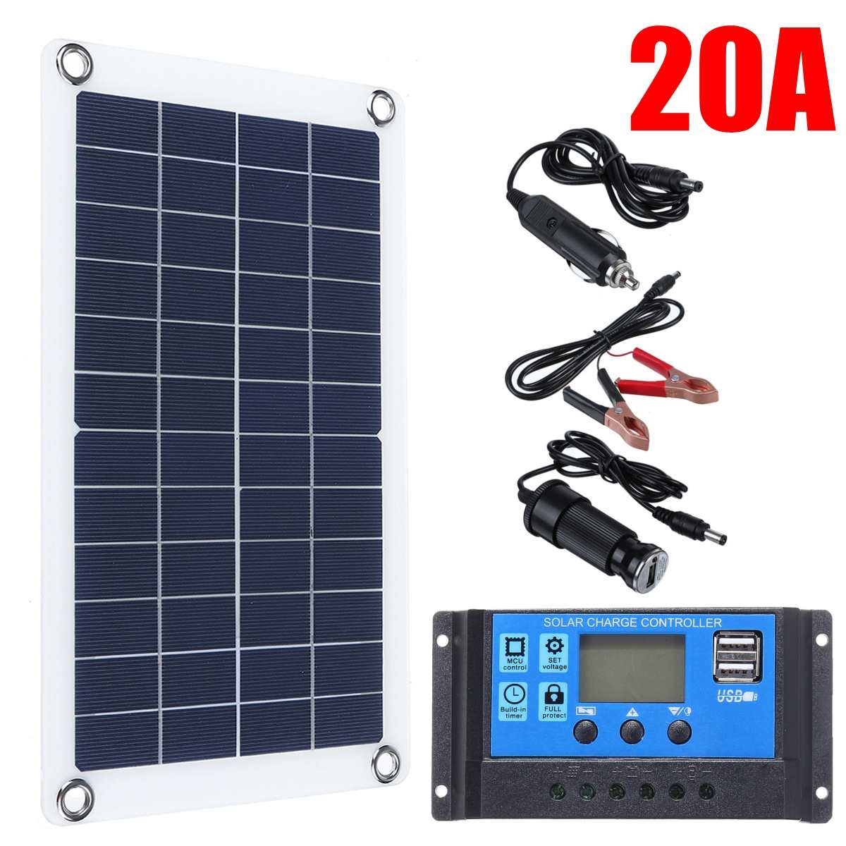 30W 12V Solar Panel Kit Complete with battery Clip 10/20/30A Solar Car Charger Controller Solar Cells for Outdoor Camping Hiking