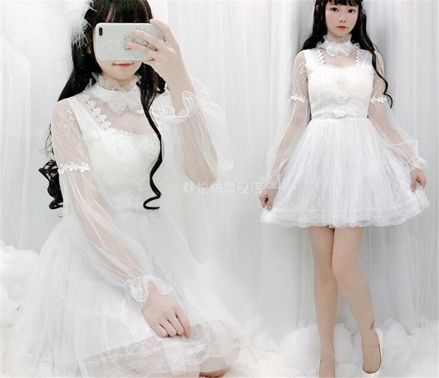 Long Sleeve Dress Lolita Dress Women White Black Dress Sweet Lolita Skirt D391