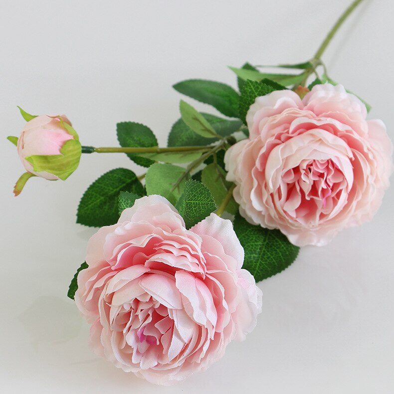 66cm lange europæiske kunstige blomster 3 hoved hjem silke pæon bryllup blomst udenlandske rose dekorative blomster fest dekoration 1 stk: Lyserød