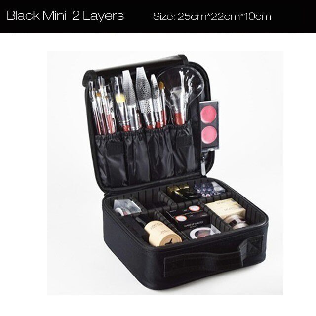 Vrouwen Professionele Nylon Make-Up Case Draagbare Reizen Schoonheidsspecialist Case Cosmetische Organizer Case Box Met Spiegel Schoonheid Koffer: Mini Black