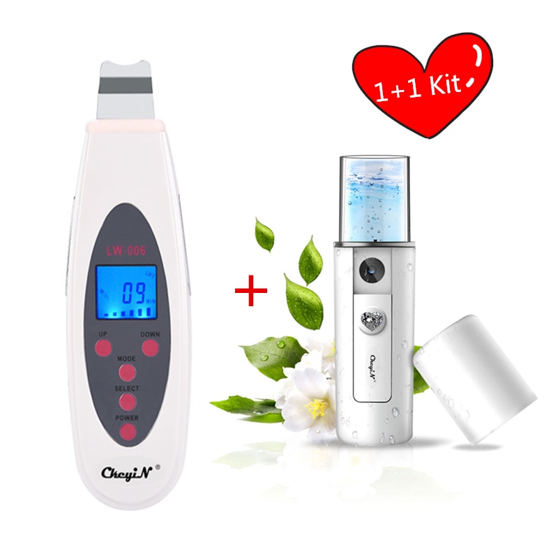 Ultrasone Huid Scrubber Diepe Gezicht Reinigingsmachine Verwijderen Vuil Mee-eter Peeling Lifting Massager + Nano Facial Steamer Sproeier: MR308WQ and MR322W