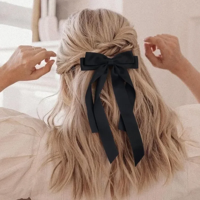 Horquilla con lazo para el pelo para mujer y niña, cinta de tela a la , pinzas para el pelo, lazo blanco y negro, Clip superior, accesorios para cabello femenino: YELLOW
