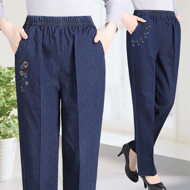 Pantalones vaqueros de mediana edad para mujer, Jeans femeninos de cintura elástica con bordado de nueve, de talla grande, holgados y rectos, informales, primavera y otoño