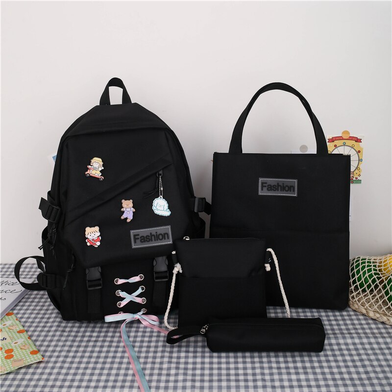 Girls School Bags for Teenage 4 Pcs Set Nylon Cute Ribbon Backpack Women Middle Student Schoolbag: Black