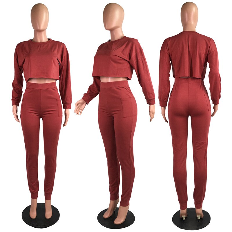 Echoine Autumn O-neck Two Pieces Set Long Sleeve Sweatshirt + Pant Suit With Pocket Tracksuit Women Solid 5 Color Plus Size 2XL