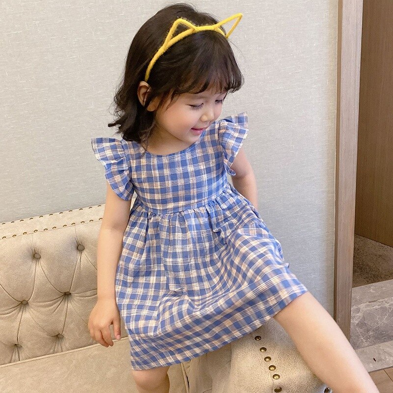 Zomer Meisjes Jurken Prinses Plaid Ruches Hollow Back Japon Mouwloze Leuke Rok Kid Kleding Voor Baby Meisje