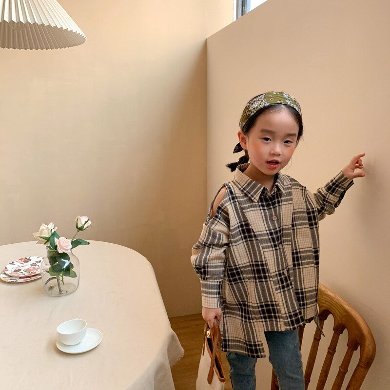Spring Korean Style Baby Girls Plaid Long Shirts Loose casual Tops Off-shoulder Kids Clothes Children Blouses