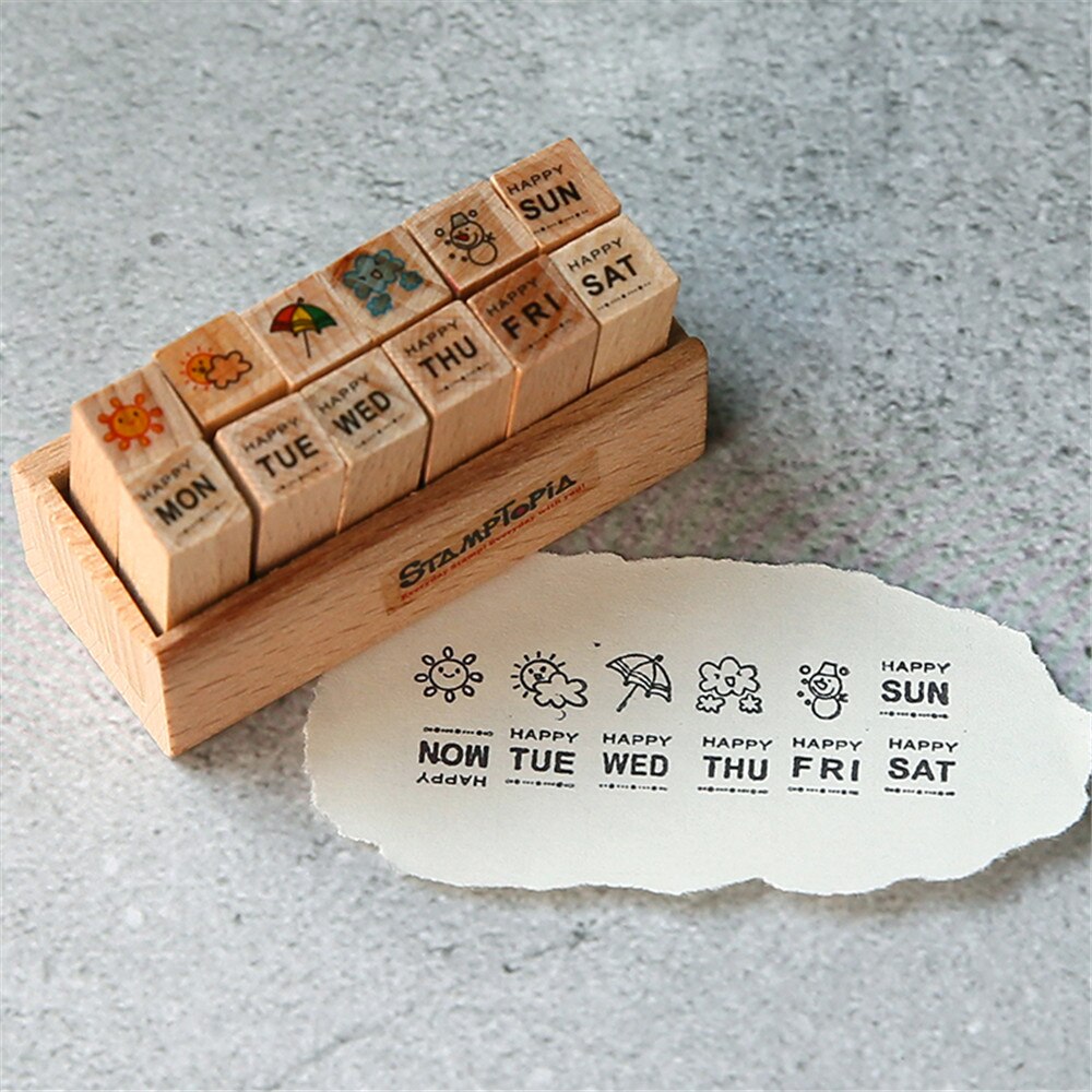 12pcs/set Date Weather Stamps Korean Stationery DIY Wooden Rubber Stamp for Planner Notebook Scrapbooking Journal Supplies: D
