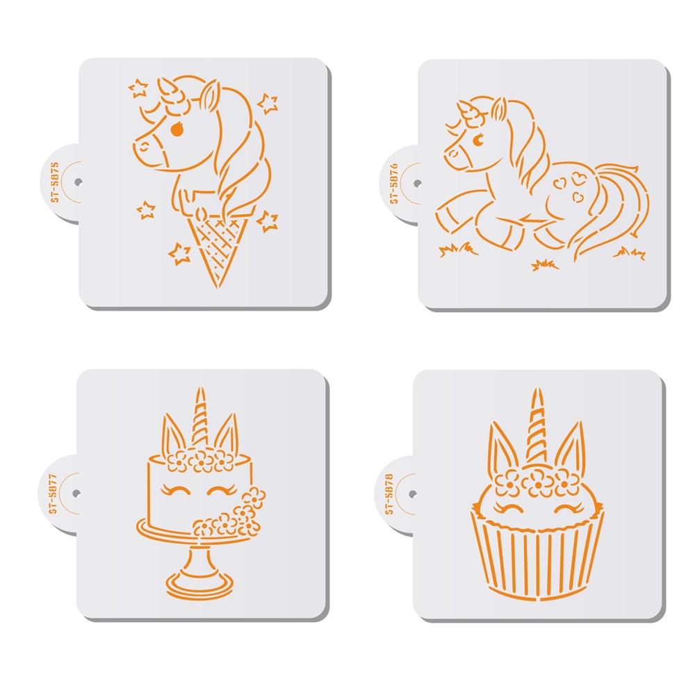 4 stuks/set smile unicorn koekjes stencil koffie stencils sjabloon voor verjaardagsfeestje koekjes cakevorm taartdecoratie tool
