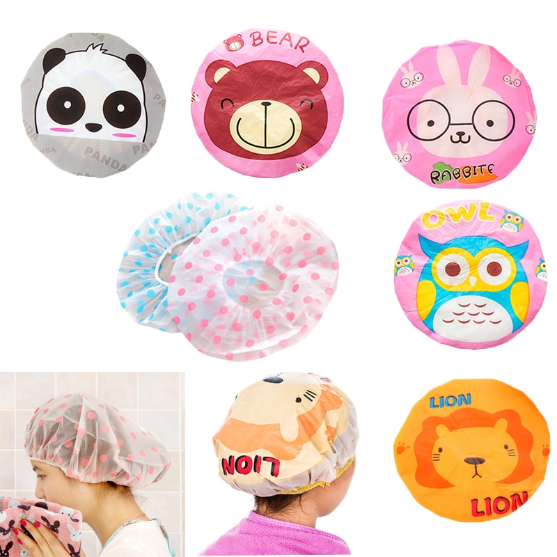 Hair Cover Cartoon Point Shower Cap Dot Thicken Elastic Bath Hat Women Spa Bathing Cap Waterproof Hair Salon Elastic Shower Hat