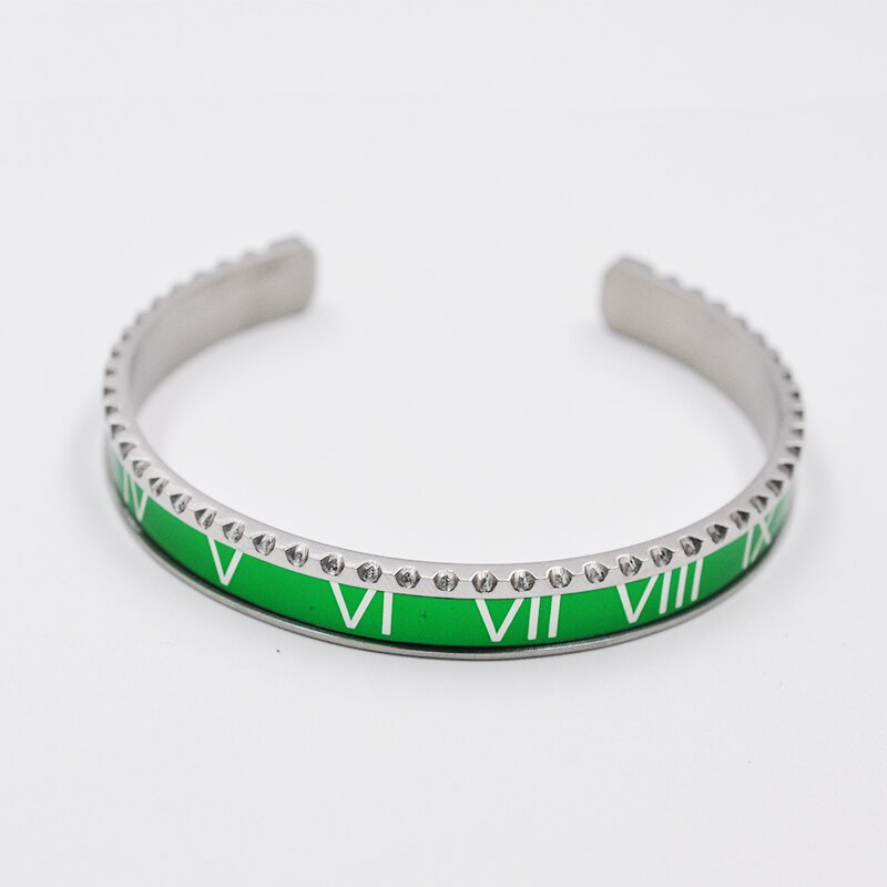 Pulsera de lujo para hombre, accesorios de reloj, pulsera abierta de Color a juego, brazalete de acero sin brillo, pulsera con números romanos: green