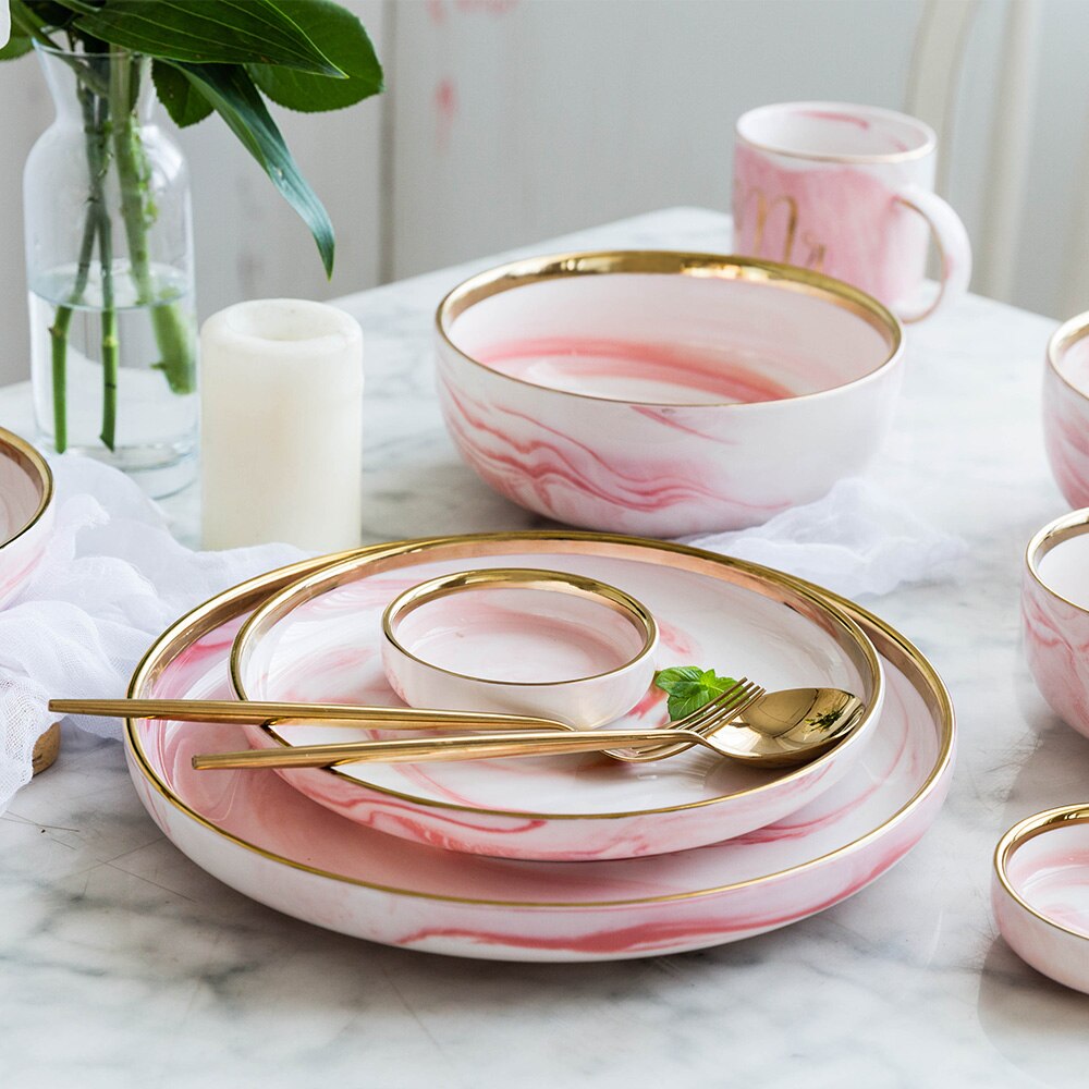 Lyserød marmor glasur keramisk tallerken sæt vestlig bøf salat aftensmad tallerkener skål bordservice morgenmad dessert retter sæt hjem indretning