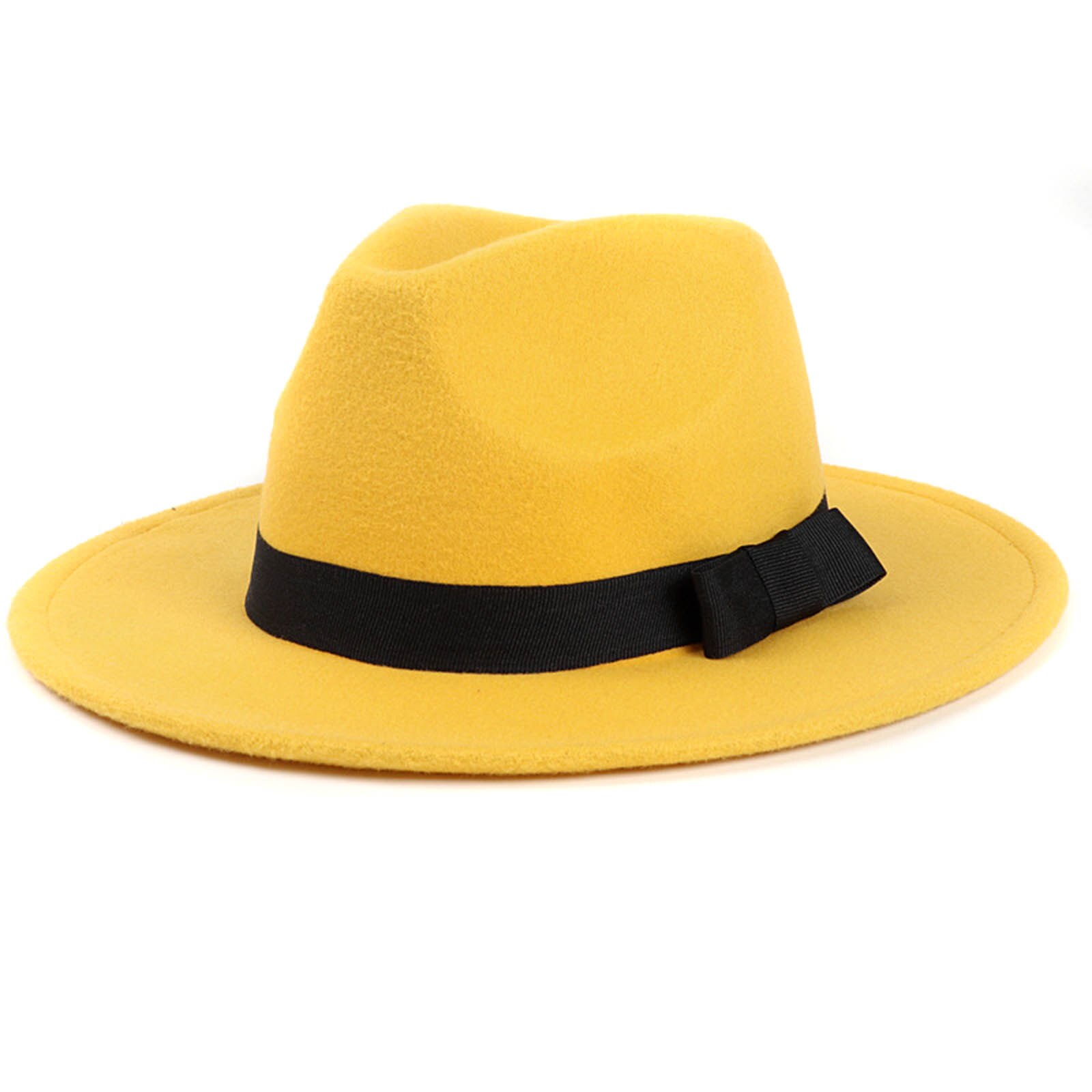 Women's Stylish Top Hat Crushable Wool Felt Outback Hat British Style Headgear Wide Brim Belt Cap HSJ88: Yellow