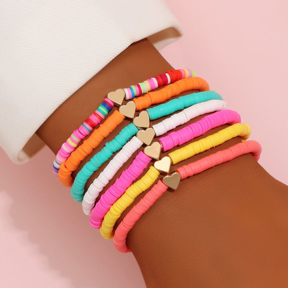 Conjunto de pulseras apilables de arcoíris para mujer, dije de corazón, arcilla suave, cuentas de capas de cerámica, brazalete de cadena, joyería Bohemia femenina: Estampado en caliente