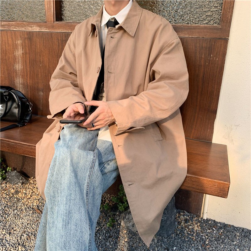 Trench-Coat kaki/noir pour homme, manteau Long et décontracté, coupe-vent ample et surdimensionné, à la coréenne, collection automne M-2XL: Khaki / XXL