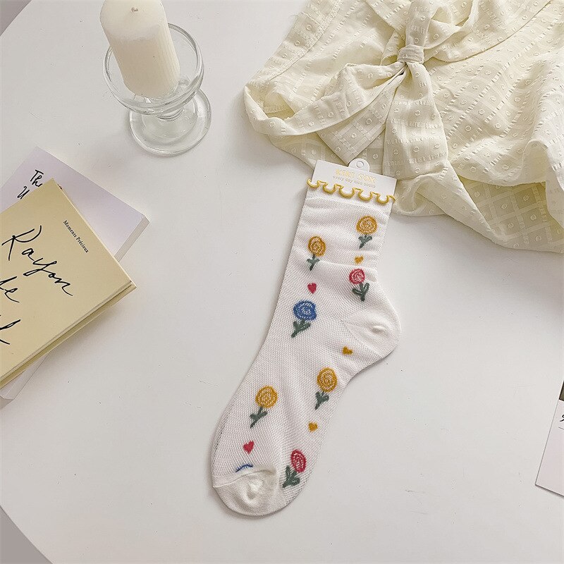 Calcetines largos con volantes para mujer, medias de estilo universitario, Harajuku, Retro: Yellow