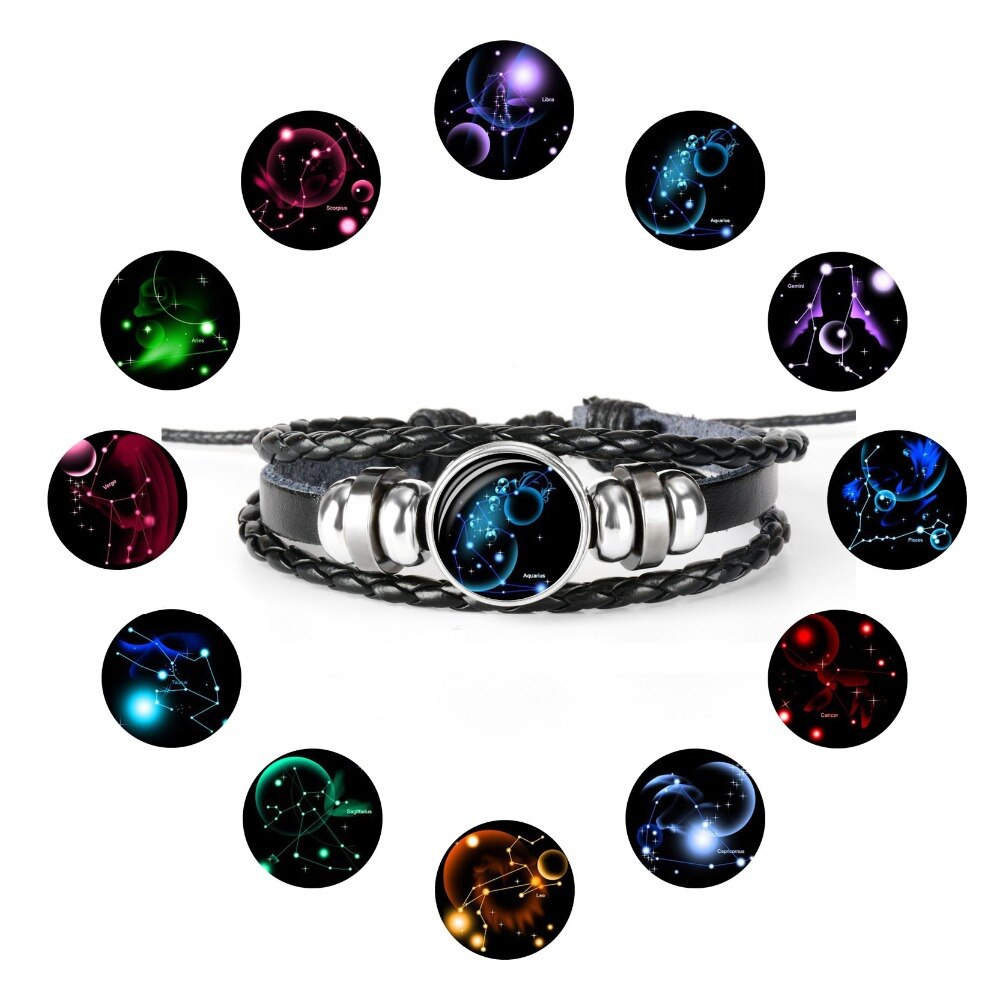 Zodiac Bracelet Charm Diy Jewelry Constellation Glass Metal Buckle Black Multilayer Leather Bracelet Women Men