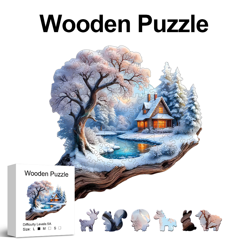 Treehouse in the Snow Wooden Puzzle for Adults, Unique Shaped Pieces, Exquisite Box, Brain Exercise, Room Decor