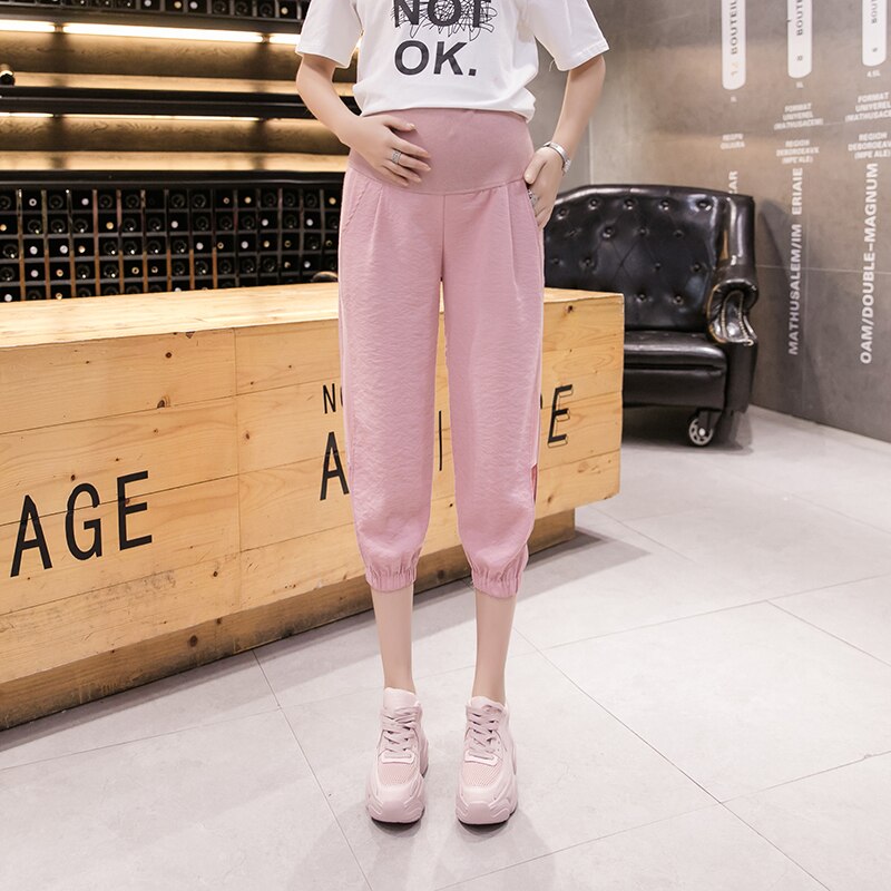 1187# Maternity Pants Summer Adjustable Elastic Waist Belly Support Comfy Pants Maternity Leggings Maternity Trousers: pink / M