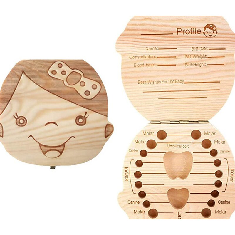 Baby Milk Teeth Box Spanish English Russion French Baby Wood Tooth Box Organizer Kids Deciduous Storage Collect wooden Box