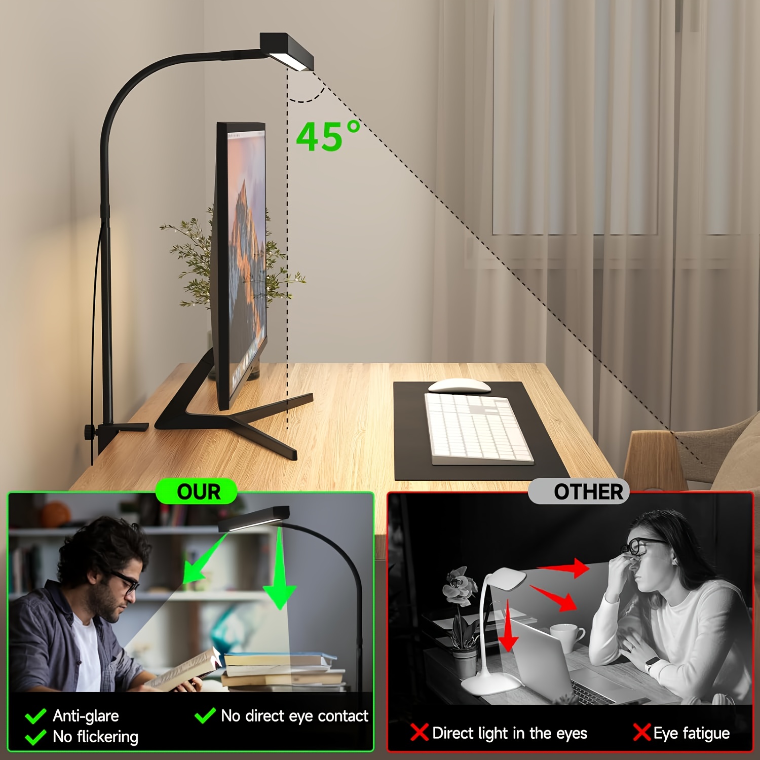 Luce per schermo antiriflesso USB Luce notturna Lampada da lettura a LED con morsetto Luce a collo di cigno flessibile dimmerabile a 360 gradi