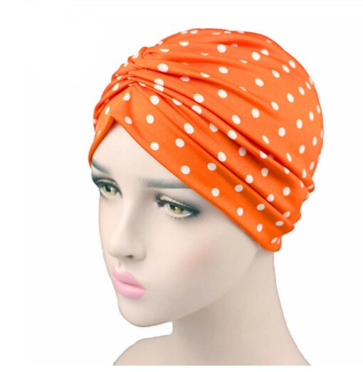 Dames Mode Zijdeachtige Elastische Tulband Dot Print Hoofddoek Hoed Hoed Hoofddeksel Hoofddoek Hoofddoek Hoofddoek Hoofdtooi Hijab: Oranje