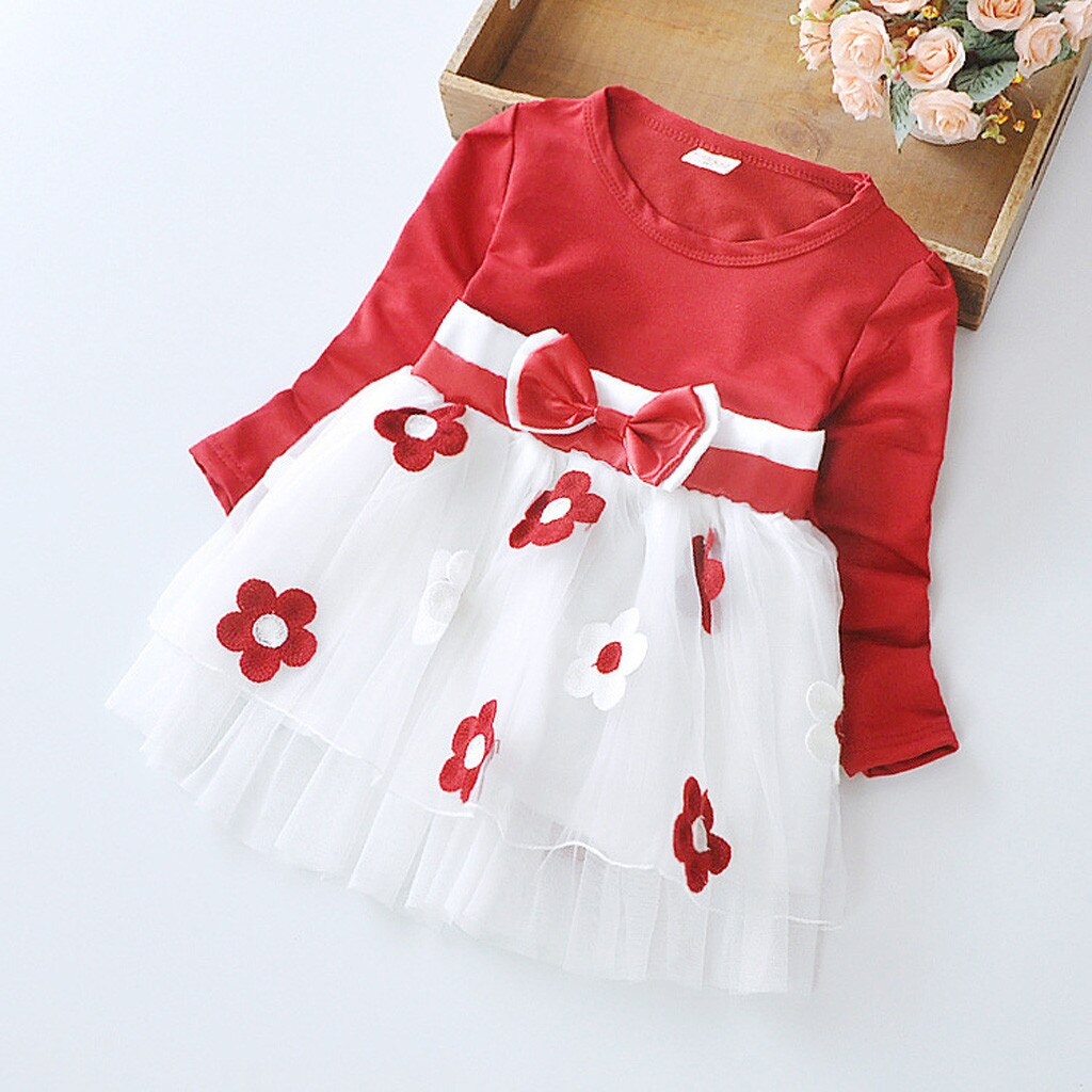 Autumn Newborn Infant Baby Dress Cotton Dress Toddler Kids Baby Girls Long Sleeve Tulle Patchwork Flower Bow Dresses Clothes