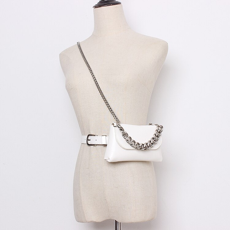 PU taille Packs femmes blanc cuir synthétique polyuréthane noir taille ceinture téléphone sac maquillage portefeuille Double large chaîne sac de messager