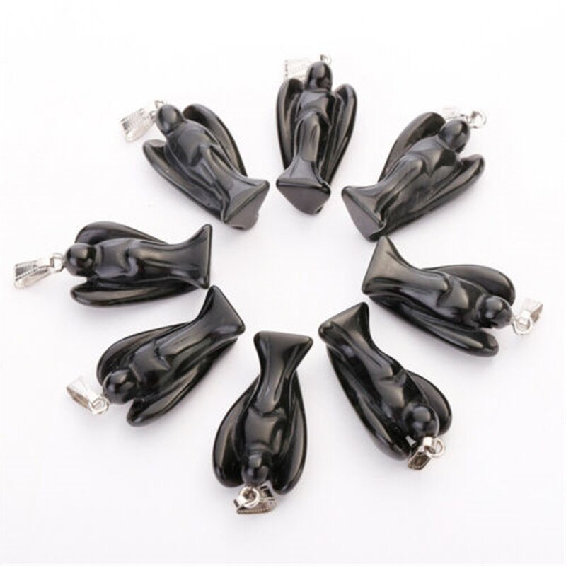 Yingwu Natural Lot 5pcs Guardian Angel Black onyx stone Pendant Charms For Necklace