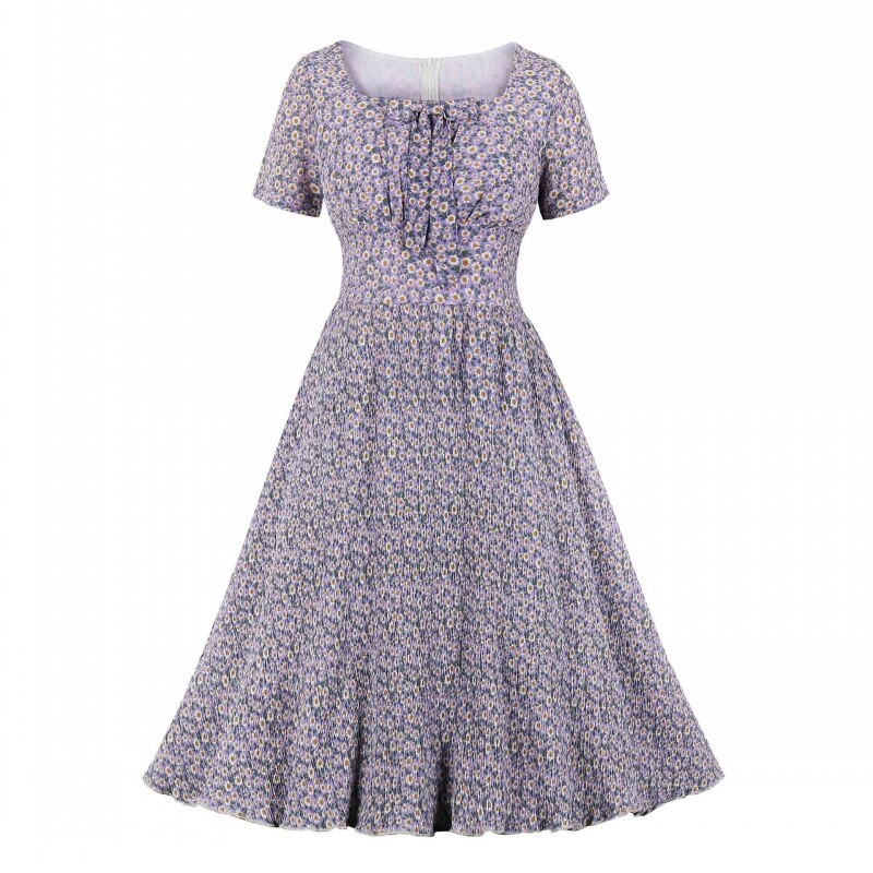 Robe mi-longue rétro Vintage années 50 et 60 pour femmes, imprimé floral, Rockabilly, Swing, Robe d'été élégante, tunique: light purple / M