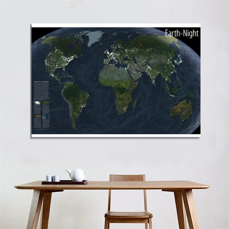 World Atlases Maps 225*150cm World Map Earth at night 2004 Wall Sticker Posters and Prints for Room Office School supplies