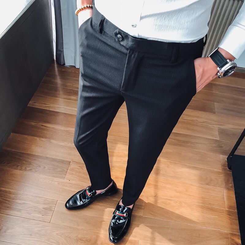 Pantalon kostume homme stribet jakkesæt bukser herre formelle bukser til herre kjole bukser slim fit herre bukser kontor business: Sort / 28