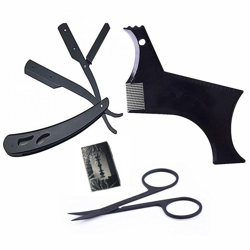 Black Stainless Steel Razor Scissors Mustache Styling Comb Shaving Blade Set Shaving Kit: Default Title