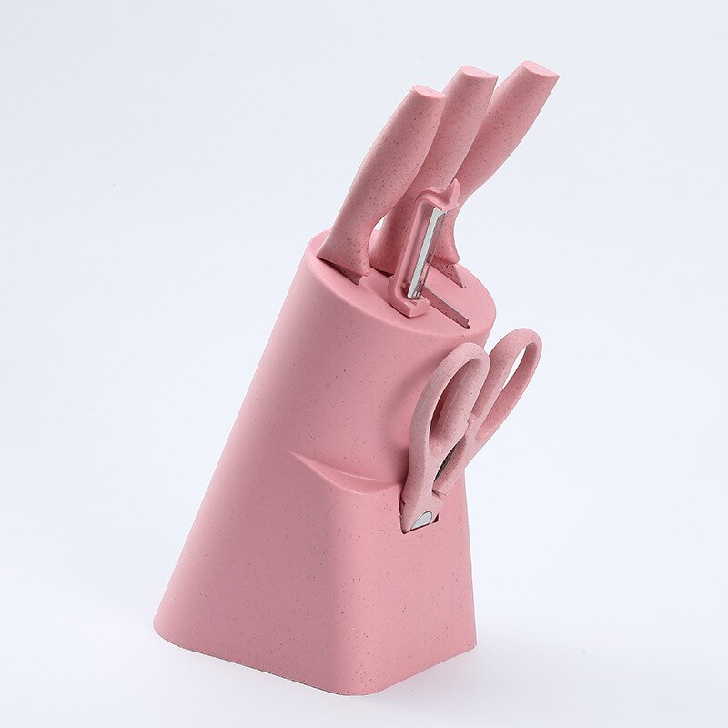 Kitchen Stainless Steel Kitchen Knife Six-piece Set Household Kitchen Knife Set Knife Combination Full Set of Kitchen Knive: Pink wheat straw