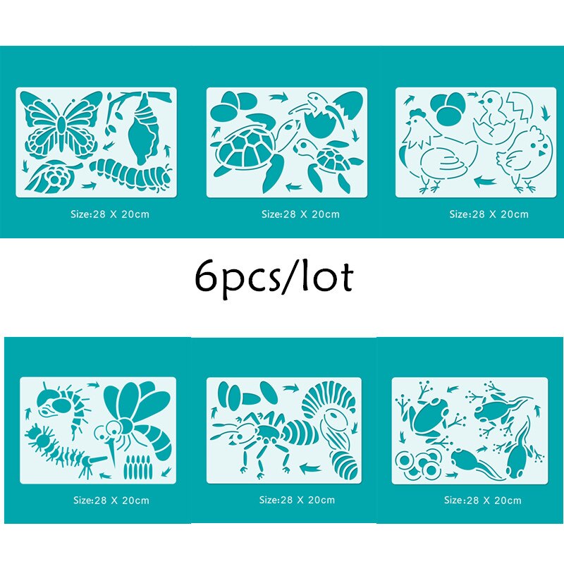 6 Sets Simulation Animal Life Cycle Growth Model Butterfly Frog Turtle Chick Ant Stencils Drawing Board Biology Teaching Tools: 6pcs  stencils